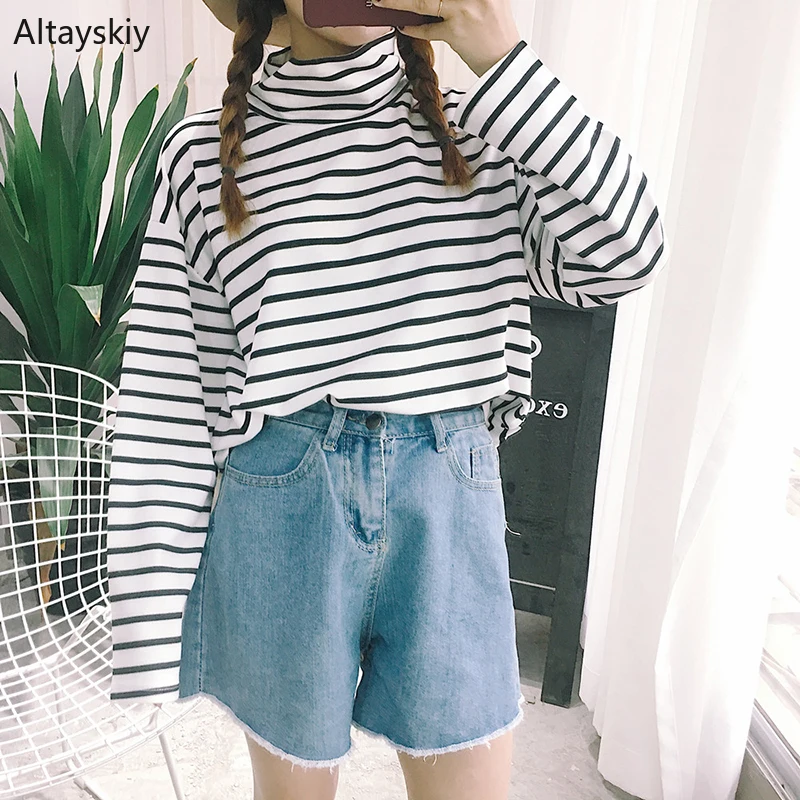 

T-shirts Women Spring Autumn Trendy Retro Korean Style Simple All-match High Quality Long Sleeve Full Striped Turtleneck Casual