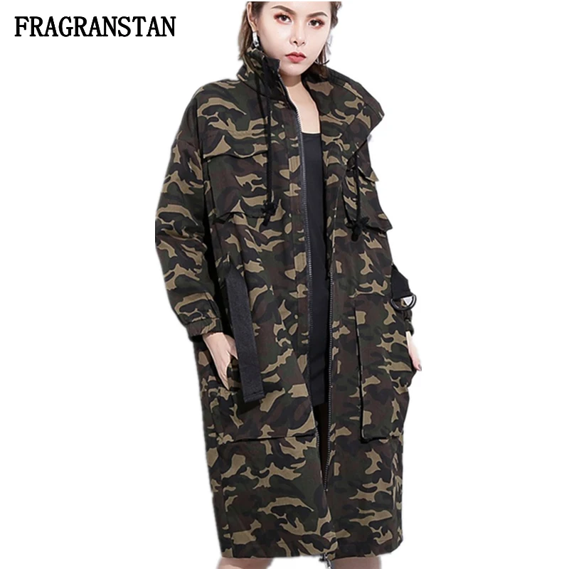 army green Новинка; для женщин с камуфляжным принтом Пояса Тренч осень-зима для женщин; Большие размеры Street Стиль личности большие карманы Vestidos jq134 - Цвет: army green
