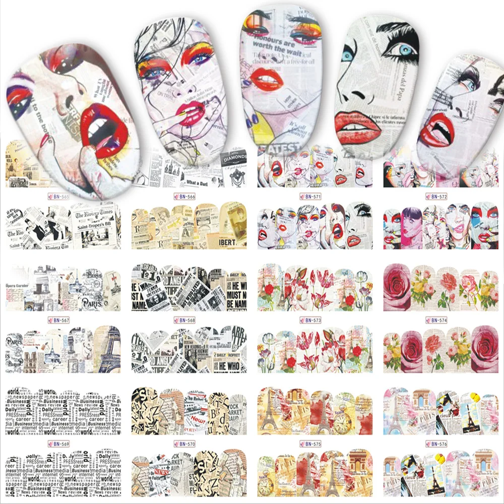 

Mix 12 Designs Newspaper Nail Sticker Water Transfer Decals New Full Cover Lady/Letter/Flower Pattern Beauty Manicure BN565-576