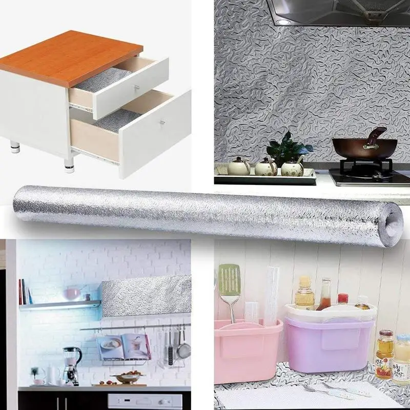 

Anti Oil Waterproof Wall Sticker Aluminum Foil Kitchen Cabinet Drawer Shelf Liner Self Adhesive Wallpaper for Kitchen Backsplash