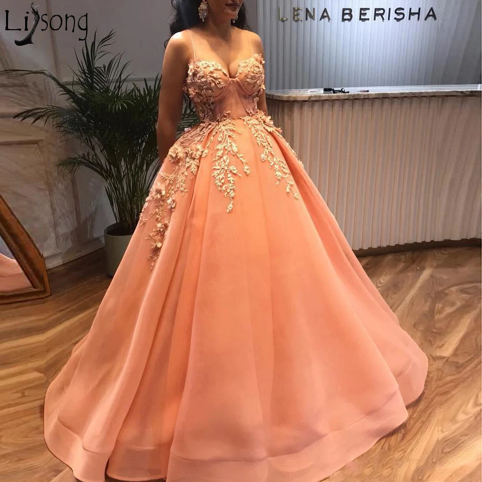 2019 Arabic Beaded Evening Dresses Spaghetti Neck Ball Gown Prom Dress Sexy Orange Formal Party Bridesmaid Pageant Gowns 169