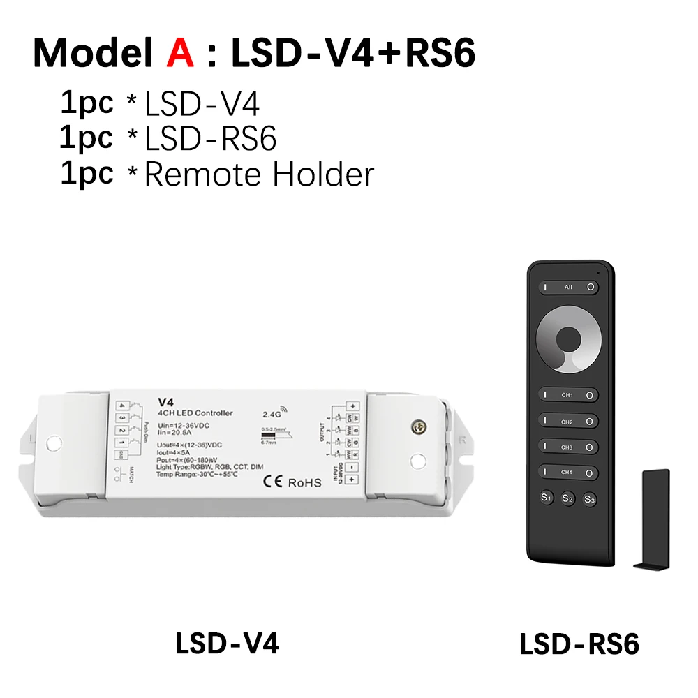 Светодиодный затемнитель 12V 4x5A 20A выход приемник Цифровой индикатор V4 с RS6 беспроводной Радиочастотный пульт 4 канала тусклый отдельно диммер - Цвет: A Model