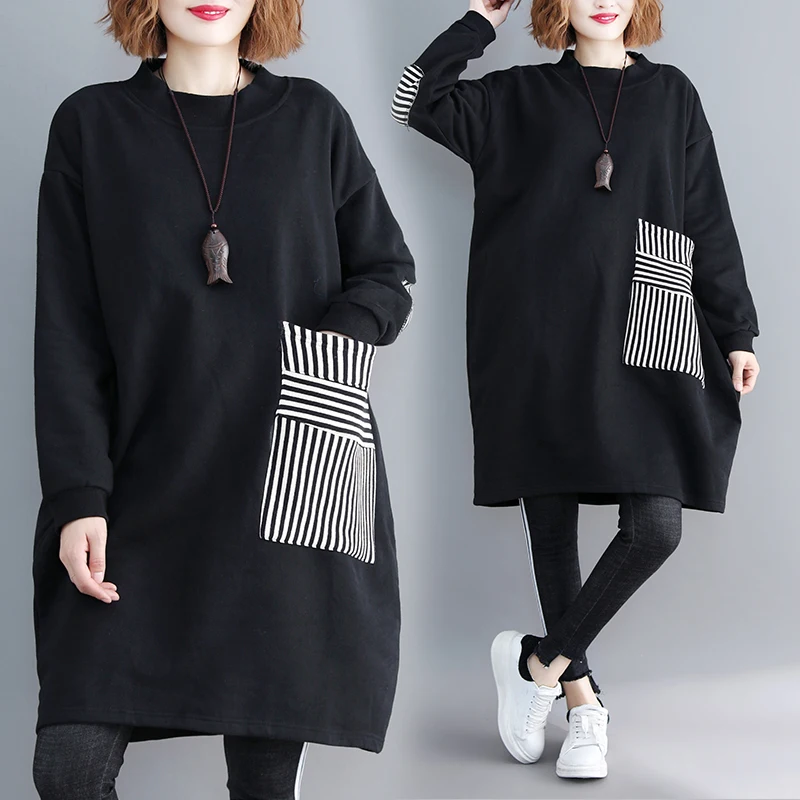 

BIG SIZE 4XL Autumn Winter Women Fashion Elegant Stripe Splied Tops Ladies Female Plus Large Loose Cotton Fleece Sweatshirt