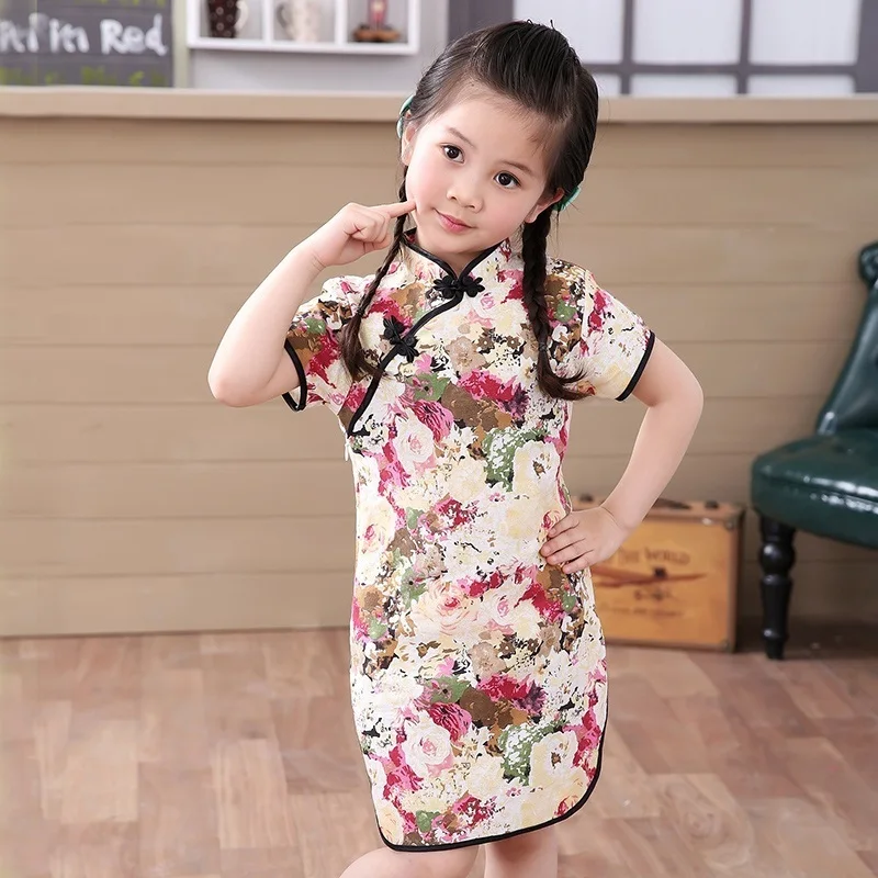 Китайское платье для маленьких девочек одежда Ципао летнее стильное детское хлопковое традиционное платье с короткими рукавами Вечерние новогодние платья для детей - Цвет: 12