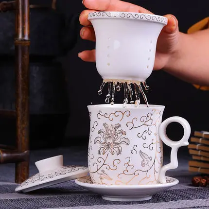 Керамическая чашка с фильтром, чашка с крышкой для офиса, чашка для чая и воды, домашняя голубая и белая фарфоровая чашка