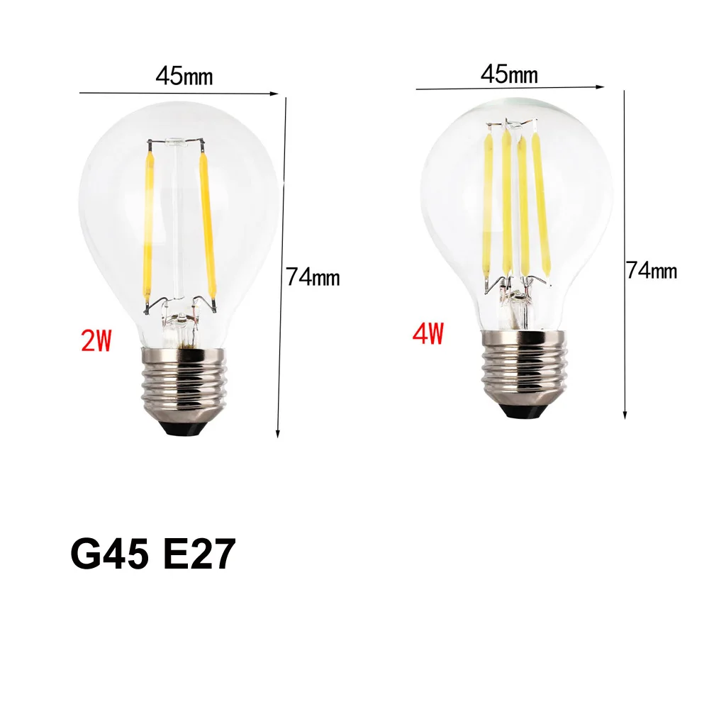 Ретро Светодиодный светильник накаливания E27 E14 B22 прозрачный стеклянный корпус светодиодный светильник Теплый/холодный белый 2 Вт 4 Вт G45 винтажная лампочка эдисона AC 220 В