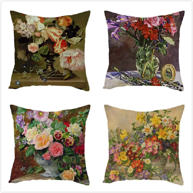 

Fuwatacchi Linen Cushion Cover Vintage Flower Pillow Cover for Home Chair Sofa Decorative Pillows Oil Painting Flowers Pillows
