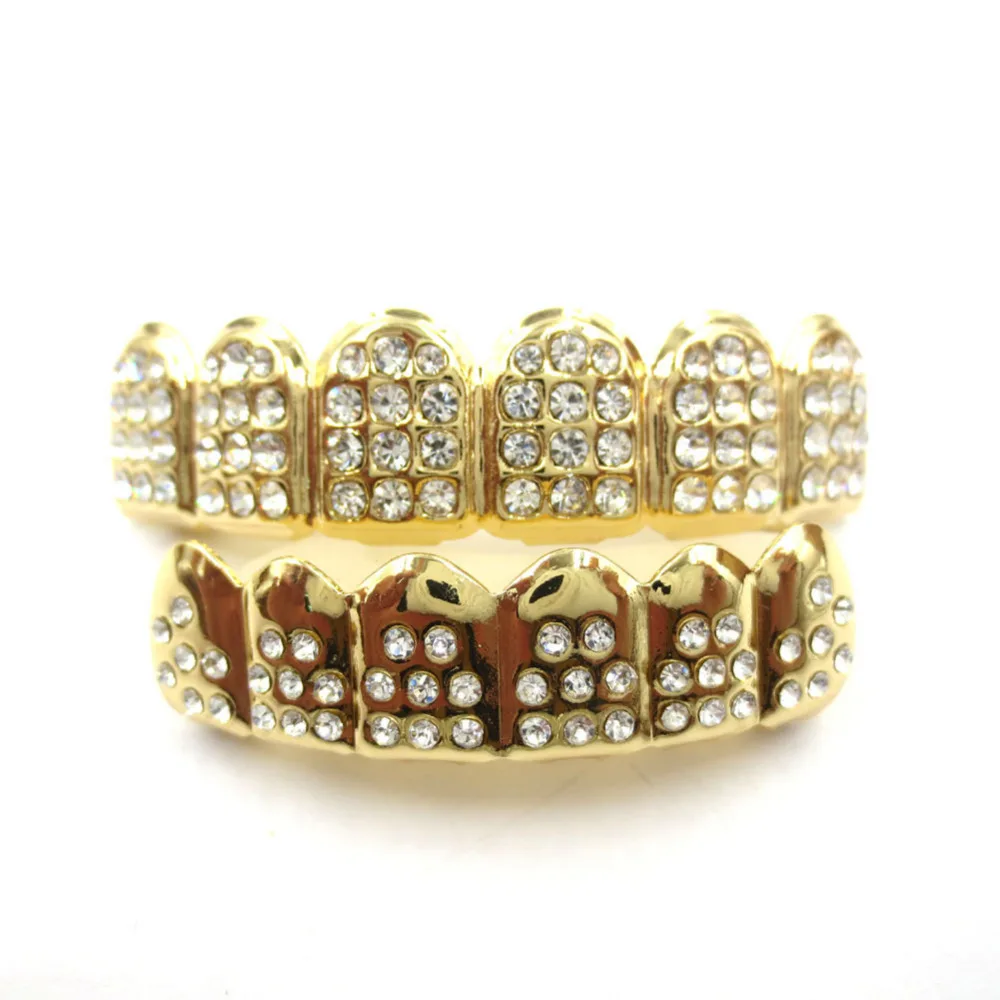 

Fashion 14 K Gold Plated ICED OUT AAAA Crystal CZ TEETH GRILLZ Top Bottom Tooth Cap Hip Hop Bling NEW Jewelry Fist Shipping CT01