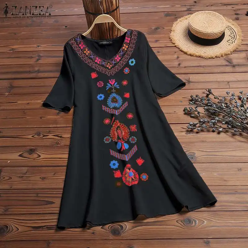 ZANZEA сарафан летнее женское платье Элегантное цветочное Vestidos женское платье с коротким рукавом платье с принтом плюс размер Tunic туника