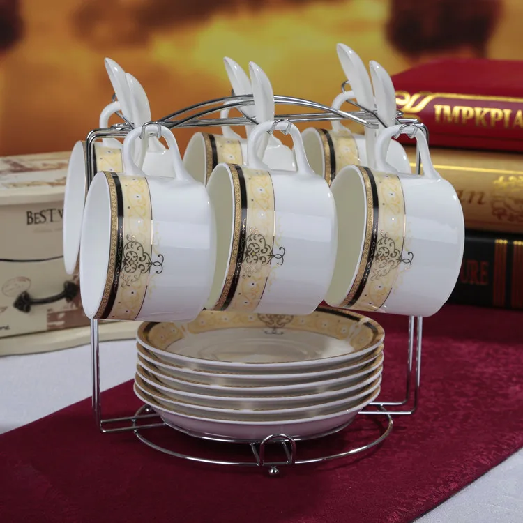 

Creative Bone China Coffee Cup Saucer Set Fashion Ceramic Outline in Gold Coffee Cup Dish Set With Spoon and Shelf Free Shipping