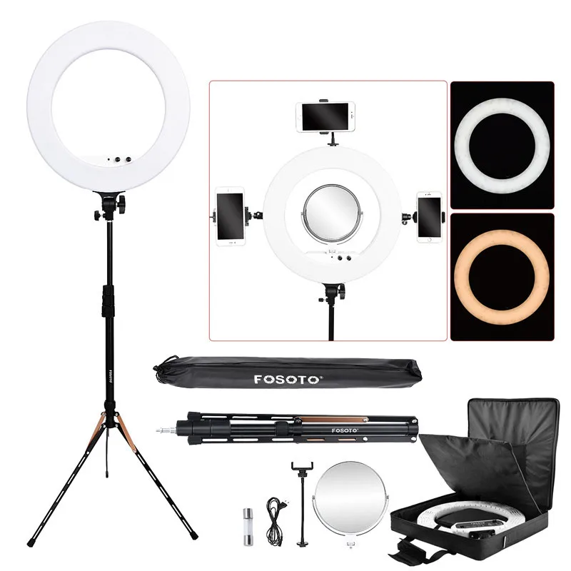  fosoto photographic lighting 3200-5800K 100W Led Ring Light Bi-color Ring Lamp Tripod Stand Mirror  - 33013781863