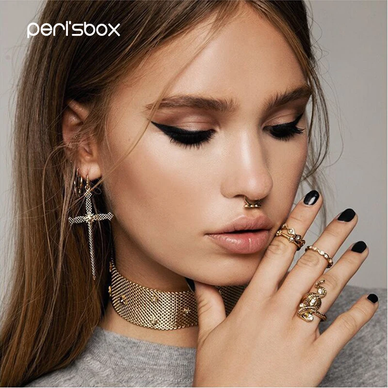 

Peri'sBox Gold Color Crystal Cross Hoop Earrings Baroque Charms Earrings Hoops with Hanging Cross Minimalist Statement Earrings