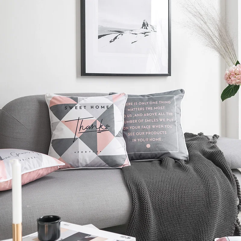 

Soft Velvet Pink Pillow Cover Vintage Nordic Style Geometric Gray Home Decorative Cushion Cover 45x45cm