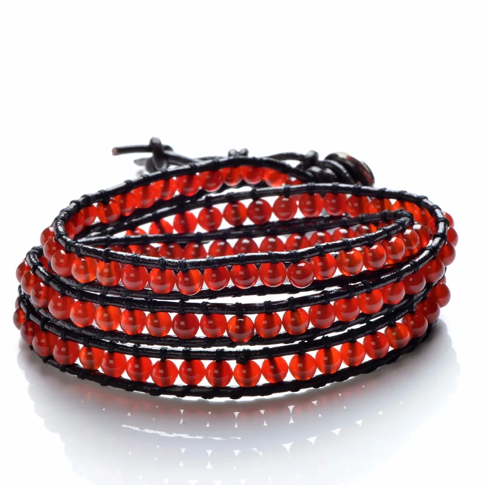 

CKKU Jewelry 2019 Red Stone Beads Smooth Round Beaded 3 Wrap Bracelet Handmade on Black Leather Strand Bracelets CLL169