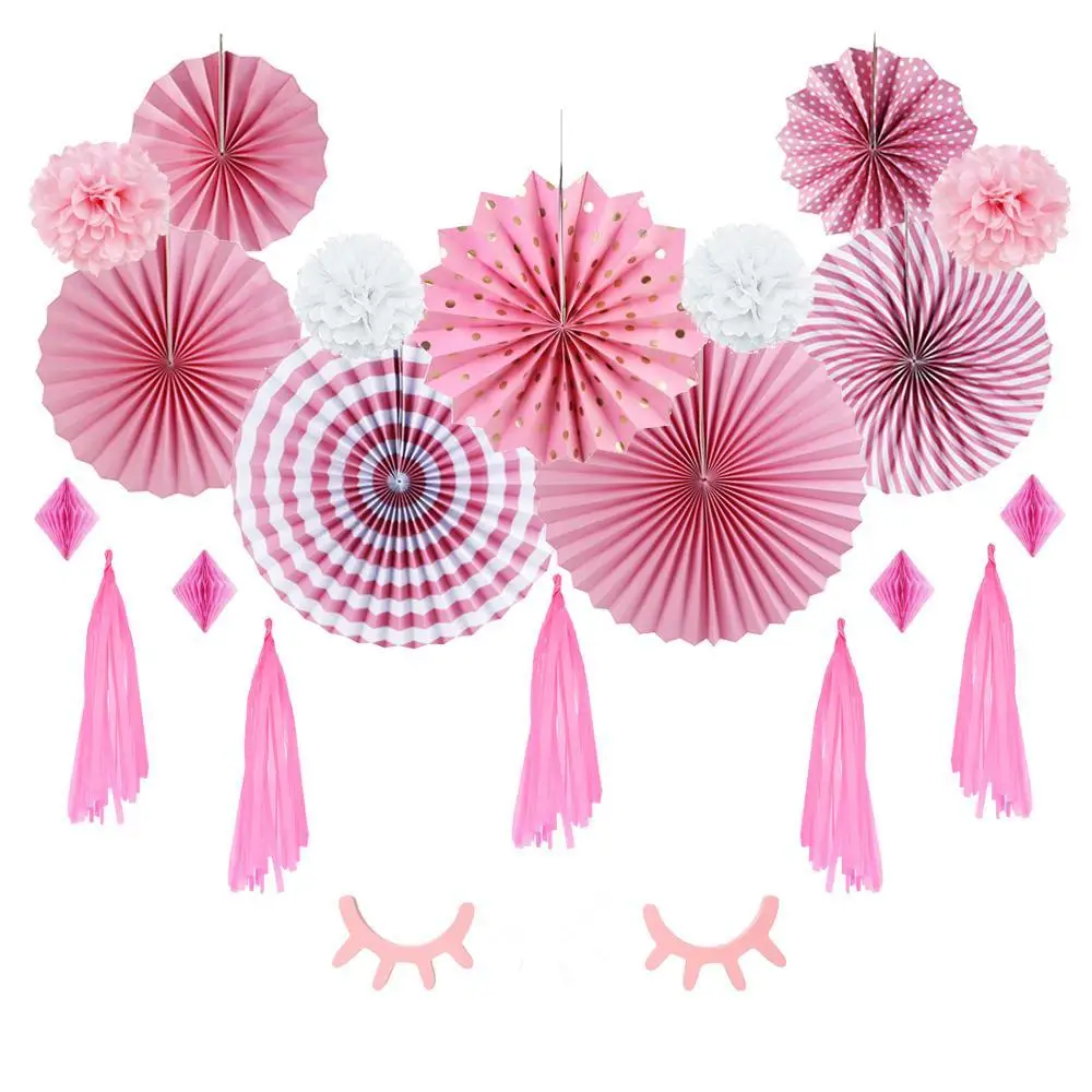 

21 pcs/set Pink Party Decorations Baby Shower Girl Birthday Wedding Paper Fans Paper Pinwheel Photo Backdrop Decor