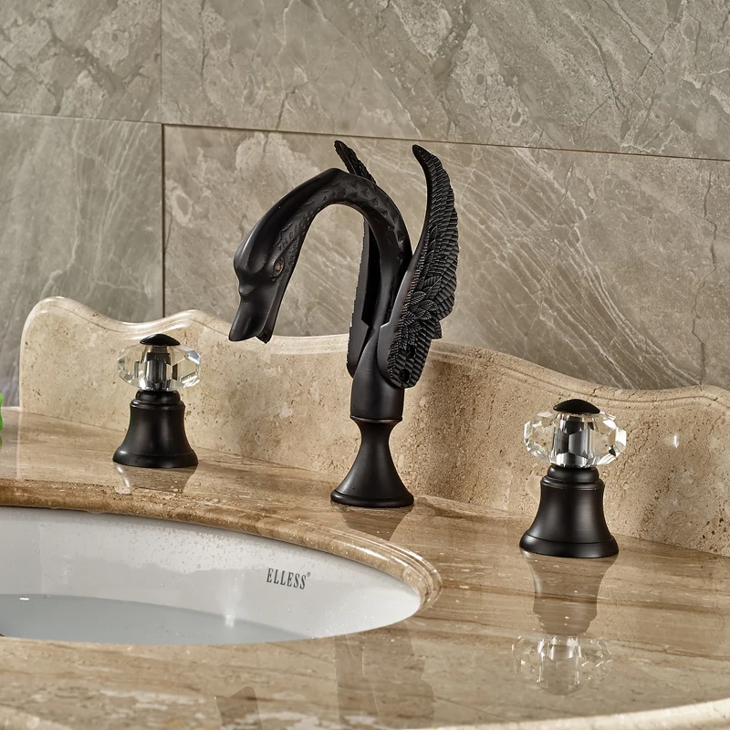Deck Mounted Bathroom Widespread Basin Sink Faucet Black Washbasin Mixer Taps Swan Shape