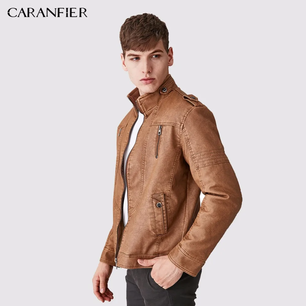 CARANFIER Мужская Флисовая Толстая кожаная куртка повседневная верхняя одежда