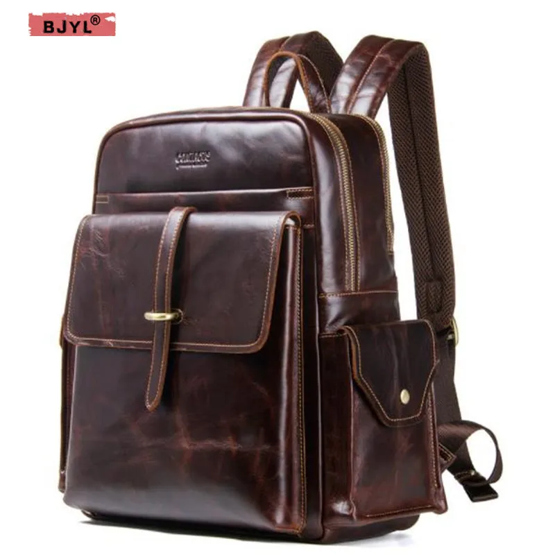 

BJYL Genuine Leather men Backpacks crazy horse leather Vintage Daypacks Teenager Laptop Shoulder School Bag Travel Backpack