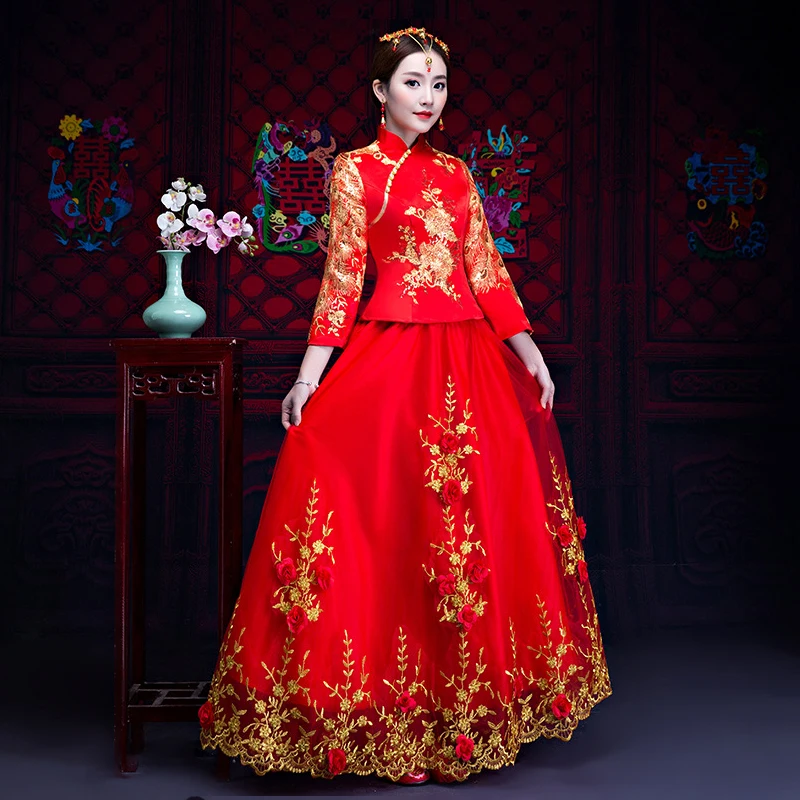 Красное свадебное платье традиционное китайское Qipao Национальный костюм для