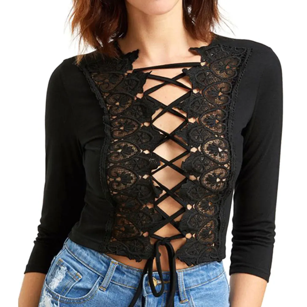 Женские сексуальные выдалбливают черные футболки шнуровка совместное 3/4 рукав