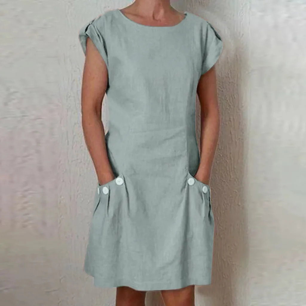 Women's Fashion Summer Classic Dresses Short Sleeve O Neck Button Linen Plus Size Midi Dresses With Pockets Vestidos Robe 5.22