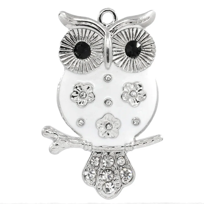 

Doreen Box Lovely Charm Pendants Owl Silver Tone Clear&Black Rhinestone Enamel White 5.1x3.2cm,3PCs (B24716)