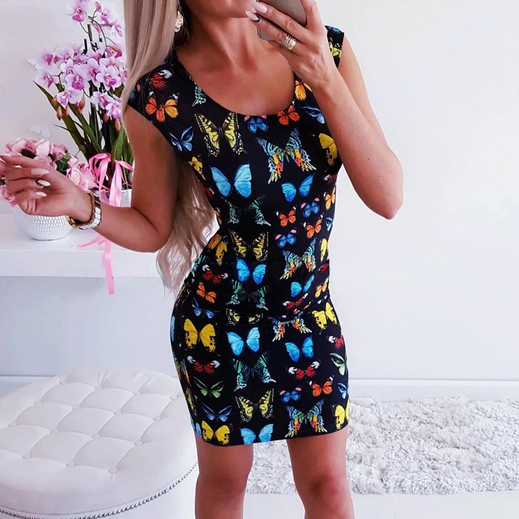 

MUQGEW bodycon dress women summer sexy mini dress Women's Fashion Summer Sleeveless Butterfly Printed Sexy Dresses#y4