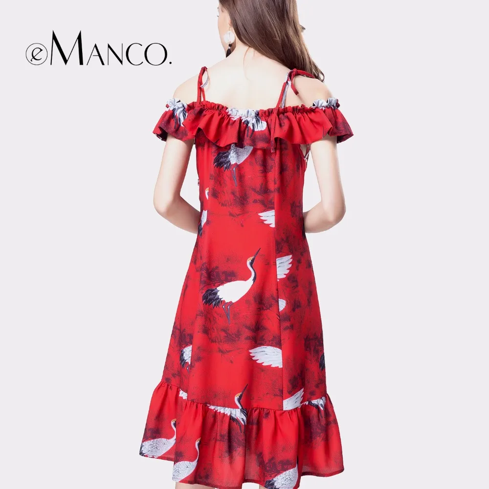e-Manco Ruffle Floral Casual Off shoulder Red dress Fashion Printed Sleeveless Ruffles Keen-Length Sexy Spaghetti Strap Dress
