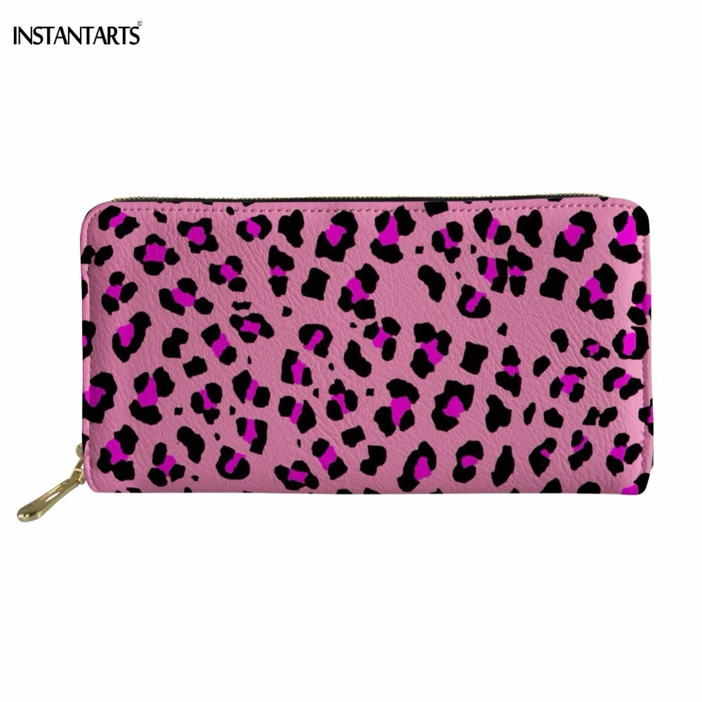 

INSTANTARTS Fashion Woman Purple Long PU Leather Wallets Leopard Printed Girls Zipper Clutch Purse Cash/Credit Card/Coin Holder