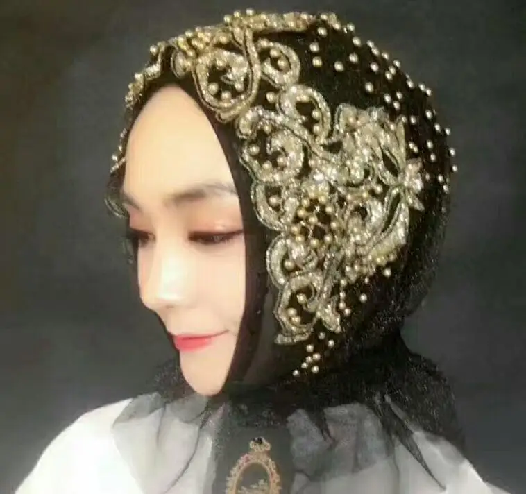 

head scarf one piece easy cover fancy hijab amira hijeb mesh cap wrap with beads khaleeji head scarf