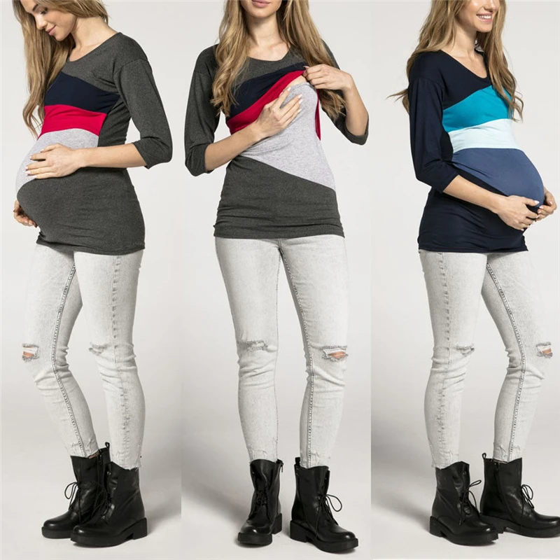 Women Maternity Clothes Breastfeeding Tops Pregnant Nursing T-shirt Blouse Patchwork Casual Tops Clothes