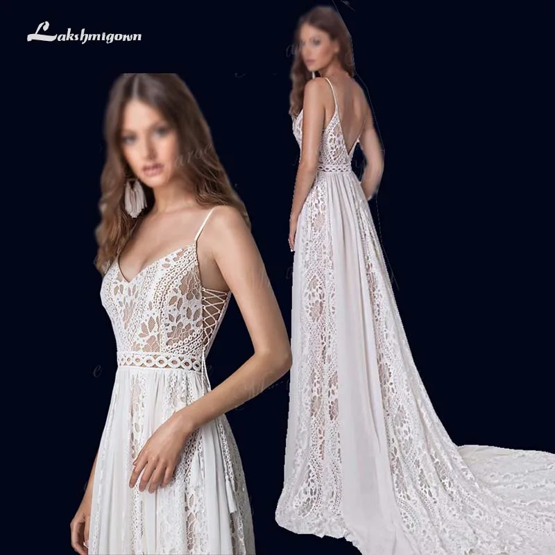 

Boho Beach Wedding Dresses Spaghetti Straps Twist Lace Chiffon A Line Open Back Bohemian Dress Bridal Gown