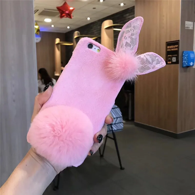LaMaDiaa Fashion Cloth rabbit ear plush ball furry fur mobile phone