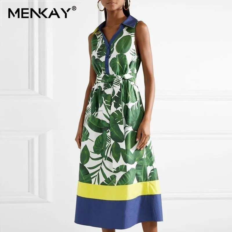 

[MENKAY] Sleeveless Print Beach Dresses For Women V Neck High Waist Hit Color Midi Dress Female Summer 2019 Fashion Clothes