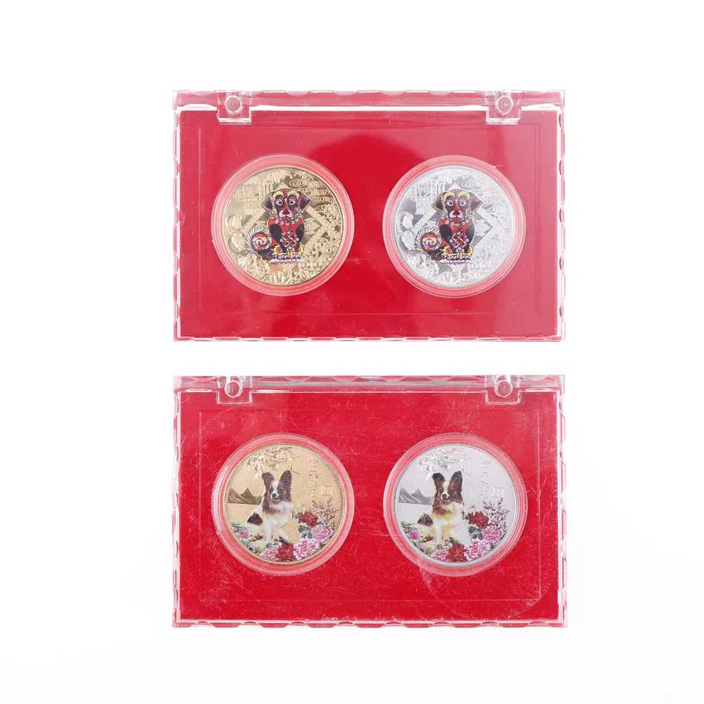 2PCS/Set Lucky Character Year of the Dog Plated Gold 2018 Chinese Zodiac Souvenir Coin Replica Business Tourism Gift