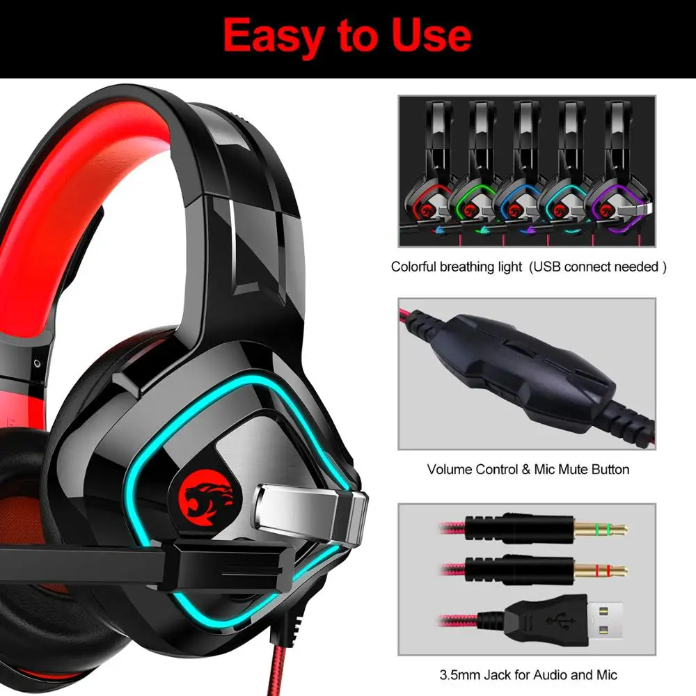 Игровые наушники большие с RGB подсветильник кой стерео микрофоном 3 5 мм глубокими