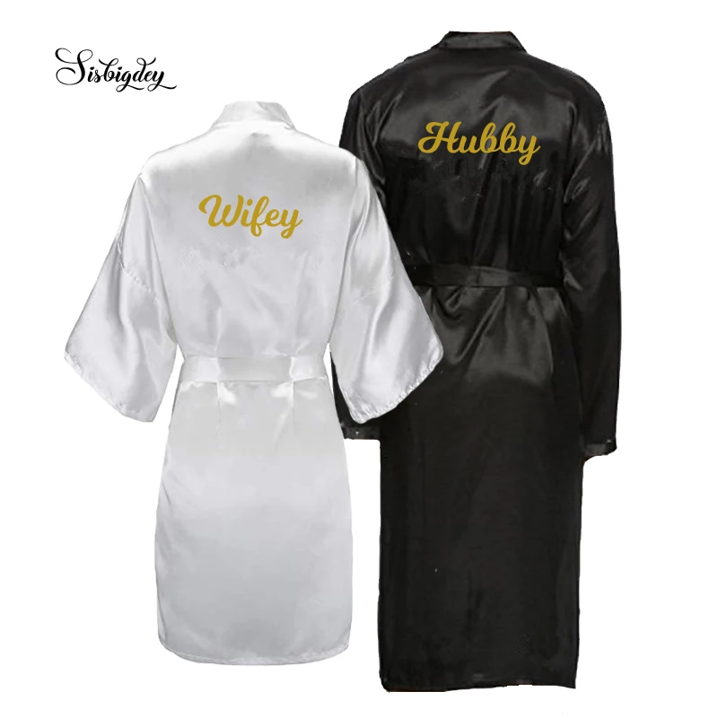 

Sisbigdey Hubby Wifey Robes bride groom robe gold writing couples wedding matching Couple kimono pajamas Mr. Mrs. Robes