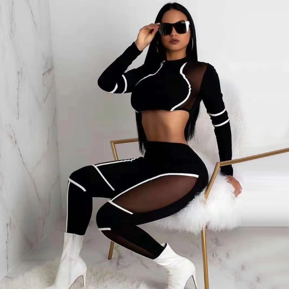 

Seamyla 2019 New Sexy Bodycon Bandage 2 Two Piece Sets Women Black Mesh Suit Sets Vestidos Club Celebrity Party Suits Outfits