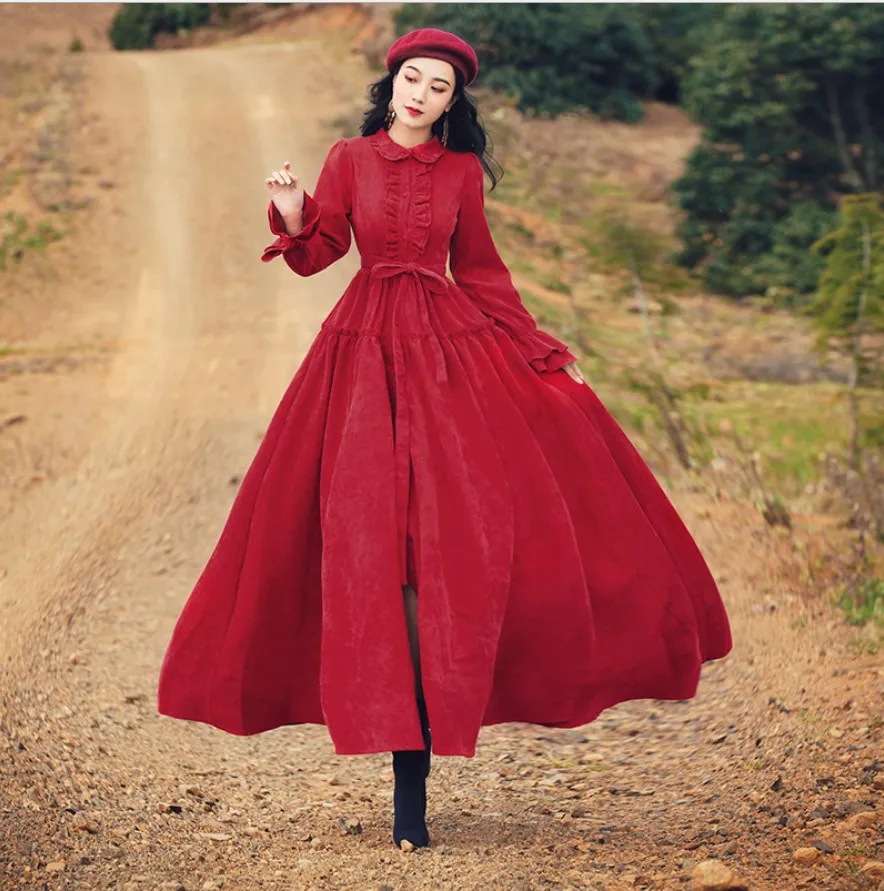 

Vintage Elegant Women Dress Autumn Winter Corduroy Petal Sleeve Slim Swing Maxi Dresses Vestidos De Festa