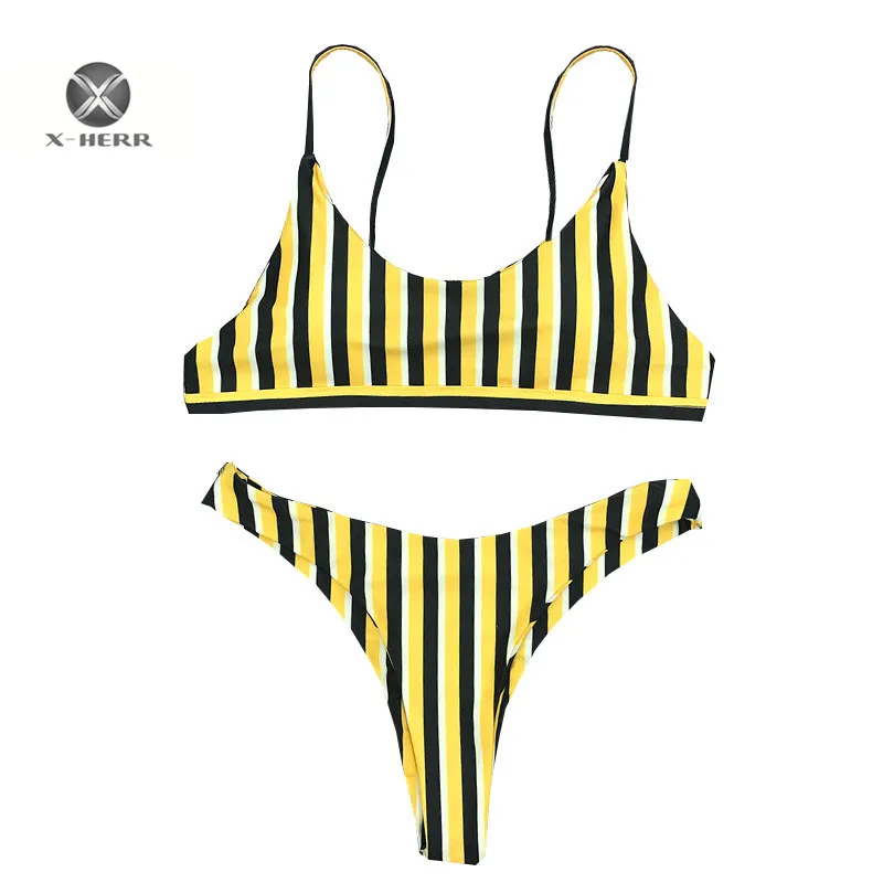 Buy X HERR Striped Bikinis Women Swimsuit Yellow Brazilian Bikini Swimming Suit