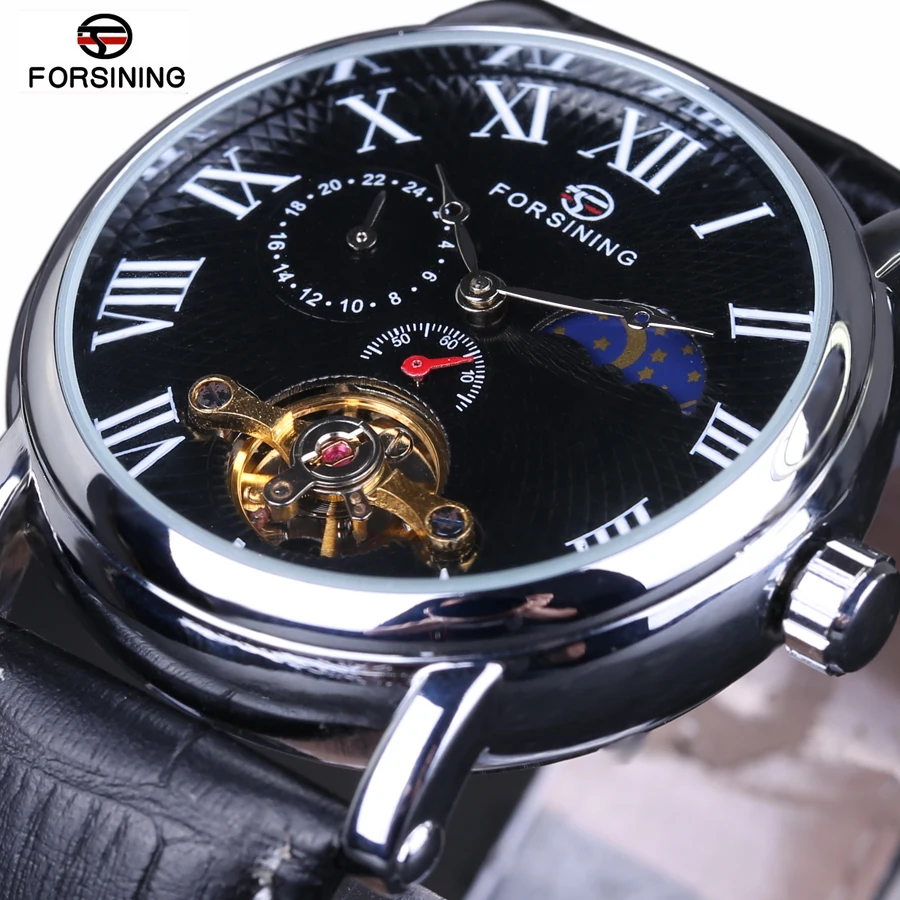 forsining Brand Luxury Automatic Mechanical Watches Leather Tourbillon White Black Men WristWatch Gift Box Relogio Releges