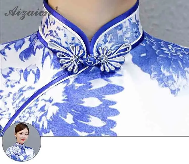 Синий Белый Новый Chinoise Длинные Cheongsam Qi Pao для женщин Китайская традиционная одежда платье плюс размеры Qipao Восточный стиль