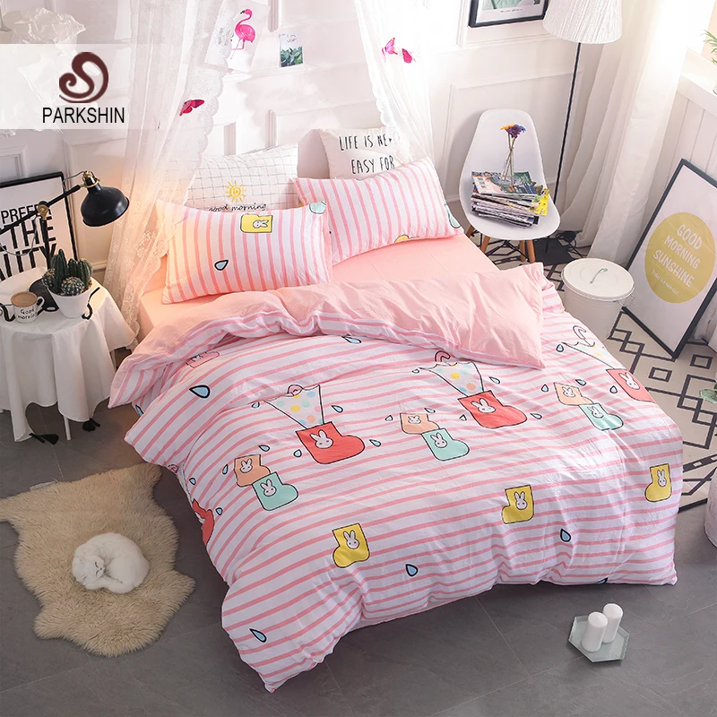 

ParkShin Cartoon Rabbit Pink Bedding Set Soft Duvet Cover Bedspread Pillowcase Single Double Queen King Size kids Bed Linens