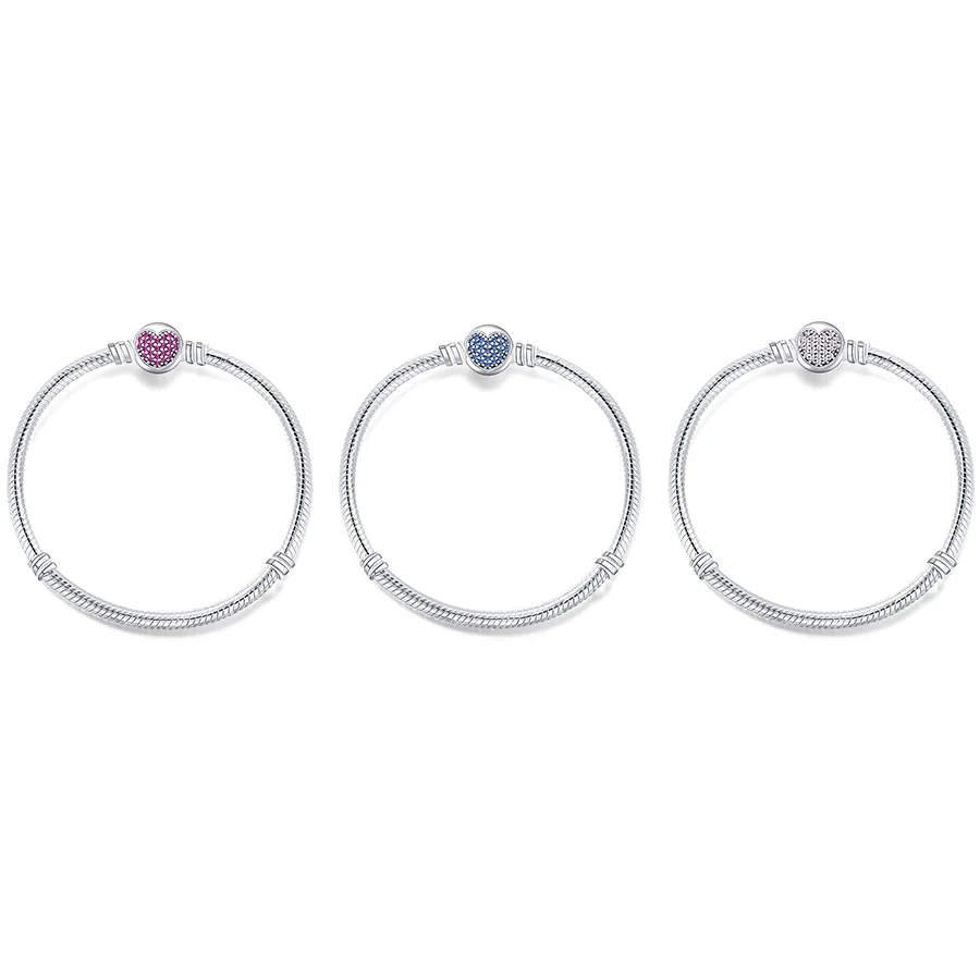 

3 Color Silver Basic Chain Round Red Blue Pink crystal love Bracelets For Charms Beads & Pendants For Women