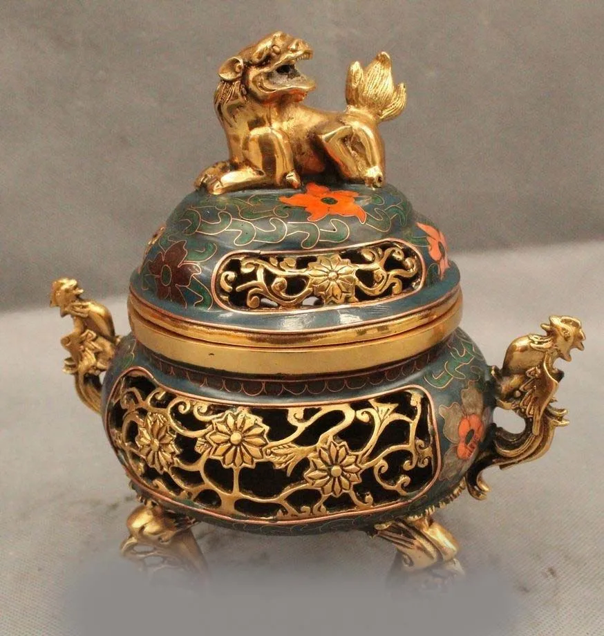 8 &quotКитайский Перегородчатые Бронзовый Gild Dyansty Зверь Лев феникс Курильница Cense