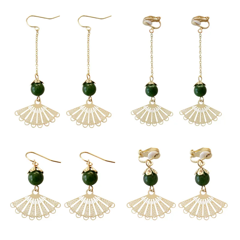 Download Vintage Green Stone Beads Long Earrings Japanese Metal Gold Color Fans Clip Earrings Without ...