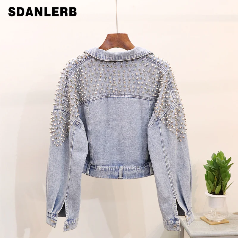 

European Vintage Short Jean Jacket Coat Woman 2019 Autumn New Heavy Rivet Loose Bat Sleeve Denim Jackets Women's Handsome Jacket