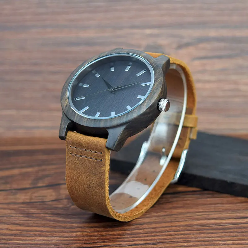 Mens-black-leather-Wooden-watch-gentleman-gift-16