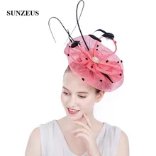 Великолепное розовое белье Свадебные шляпы с перьями женские вечерние аксессуары для волос с черной точкой SH79