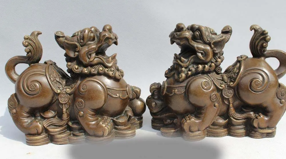 

Old Chinese Pure Bronze Pi Xiu Beast Unicorn Animal Wealth Money Statue Pair